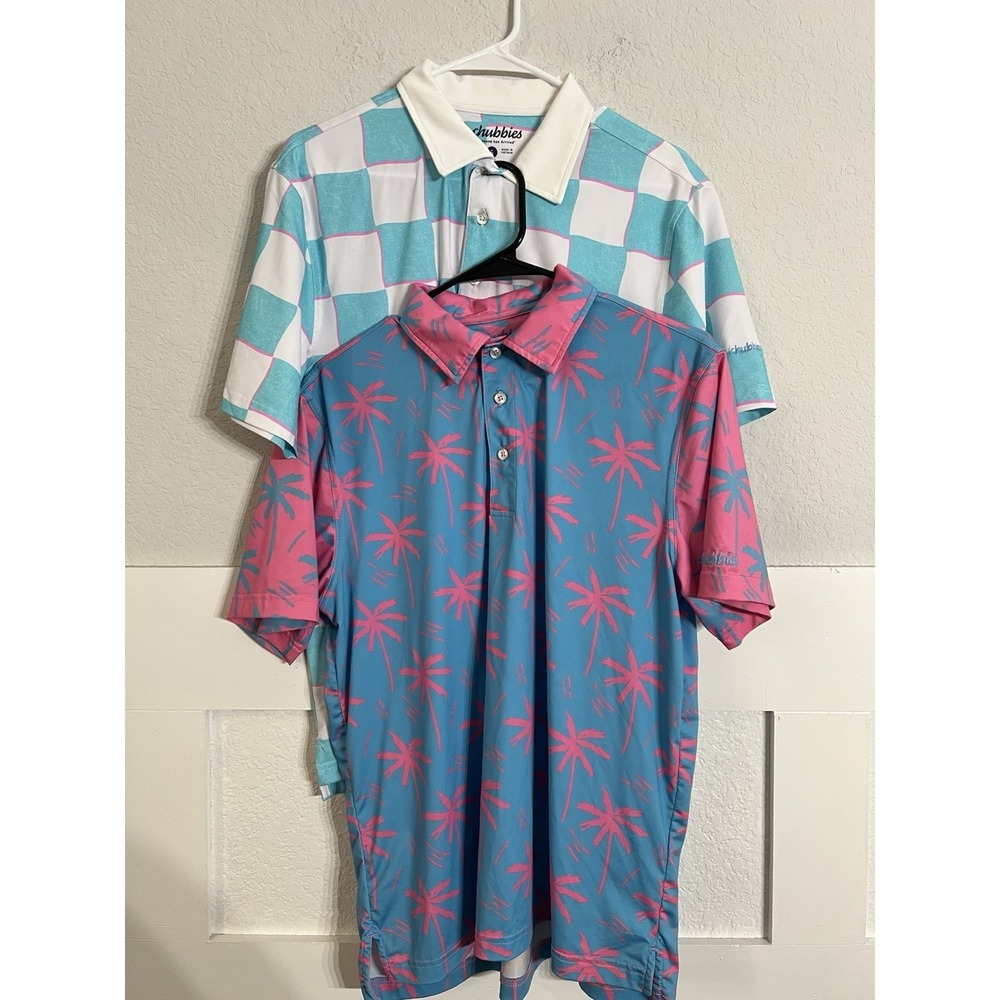 2 Chubbies Polo Mens Small Blue Pink Palm Tree Electric Slide Plaid Golf Bundle